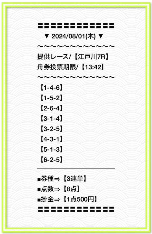 競艇グランドラインが万舟を当てた無料予想の買い目画像