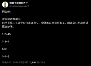 9月8日桐生9レース1-2=45 1-3=4 抑え 1-4=5